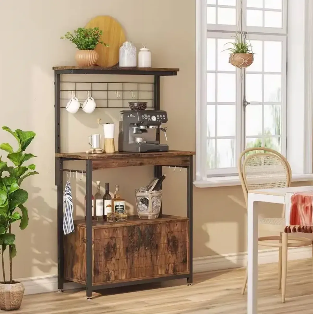 Industrial Kitchen Baker’s Rack with Storage Cabinet – Metal and Wood Microwave Cart with Shelves and Hooks