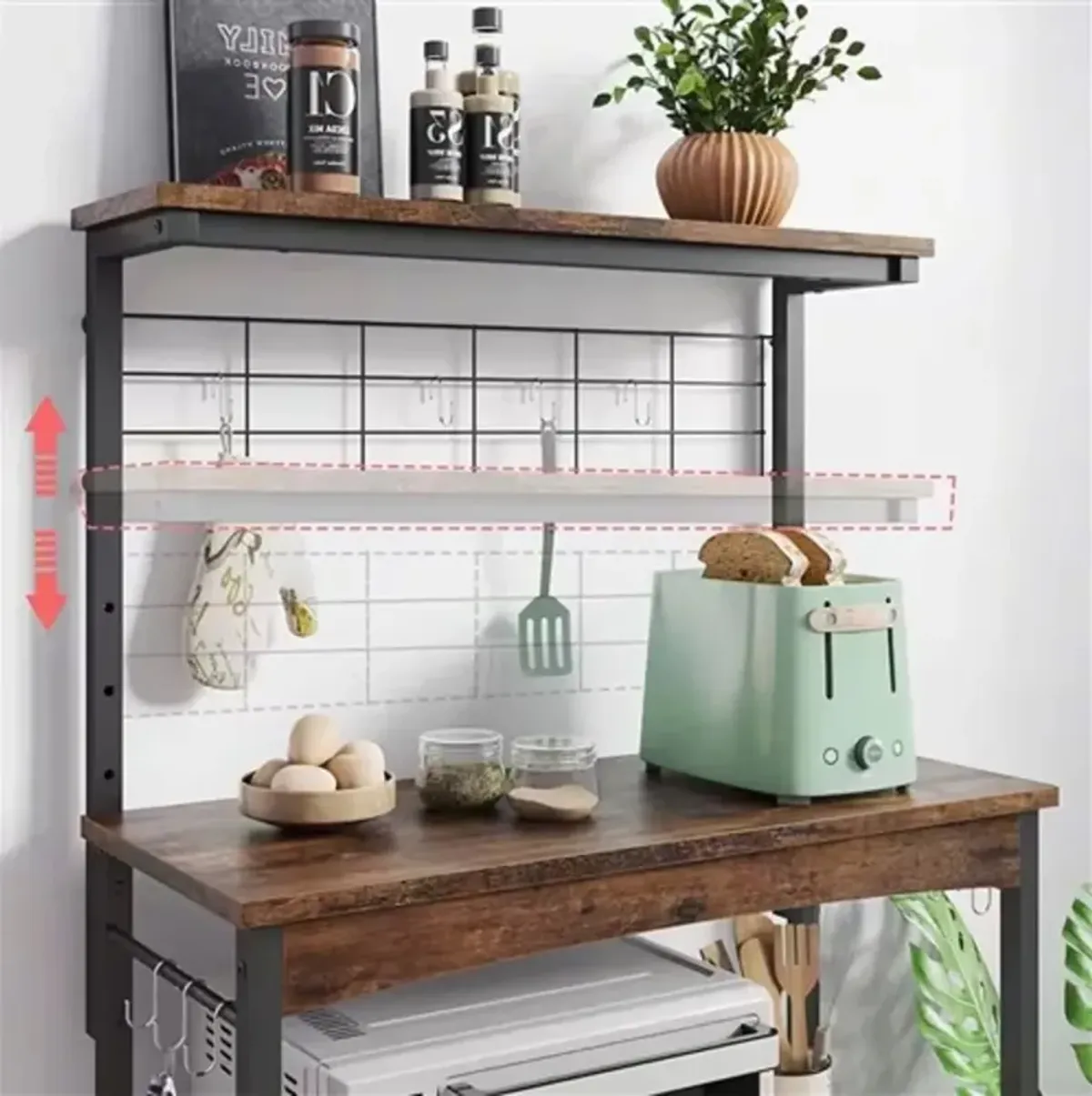 Industrial Kitchen Baker’s Rack with Storage Cabinet – Metal and Wood Microwave Cart with Shelves and Hooks