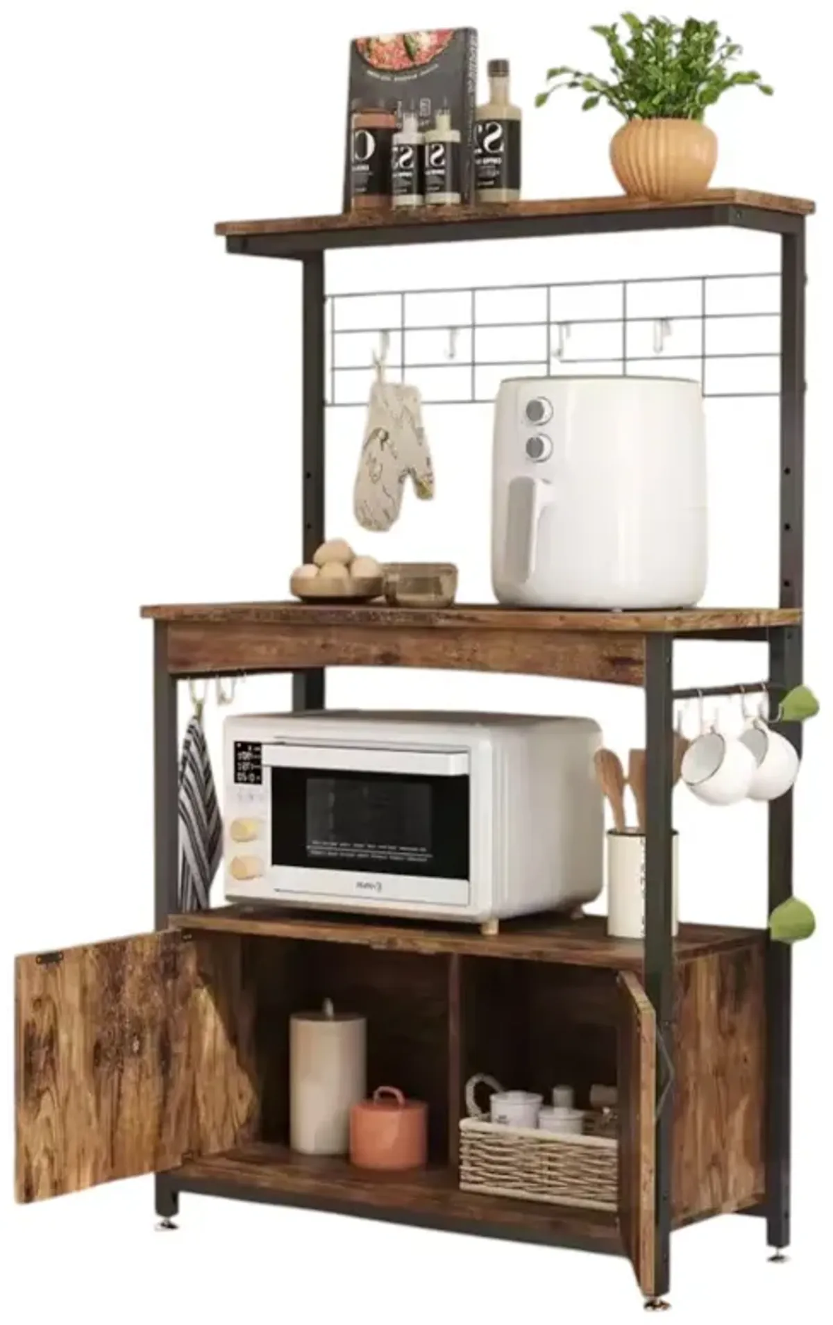 Industrial Kitchen Baker’s Rack with Storage Cabinet – Metal and Wood Microwave Cart with Shelves and Hooks