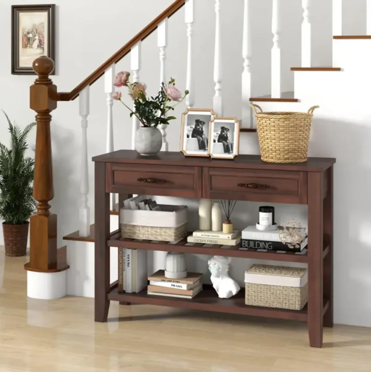 Hivvago 3-tier Console Table with 2 Drawers for Living Room Entryway