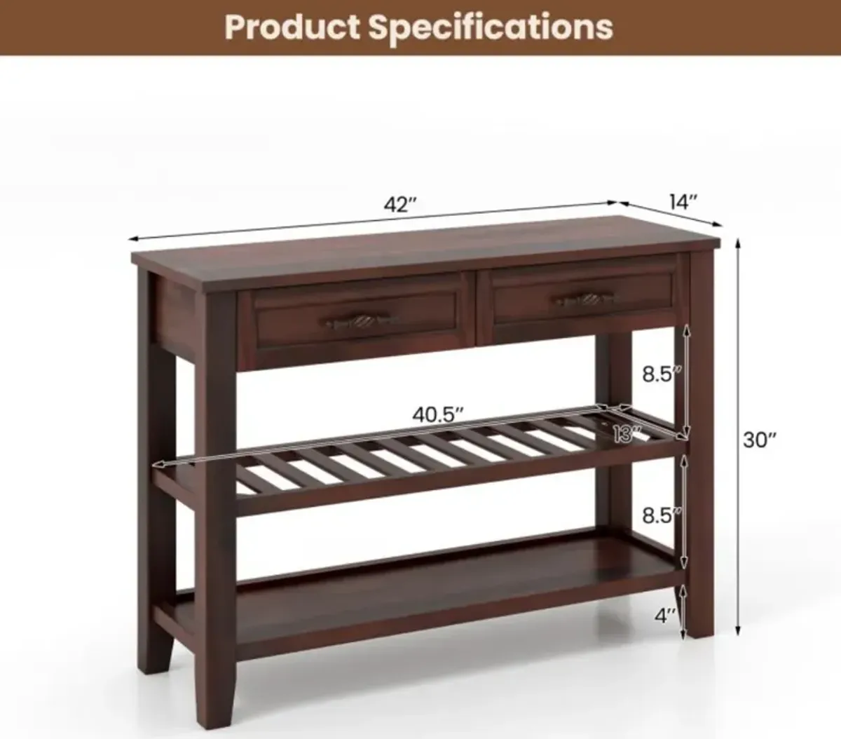 Hivvago 3-tier Console Table with 2 Drawers for Living Room Entryway