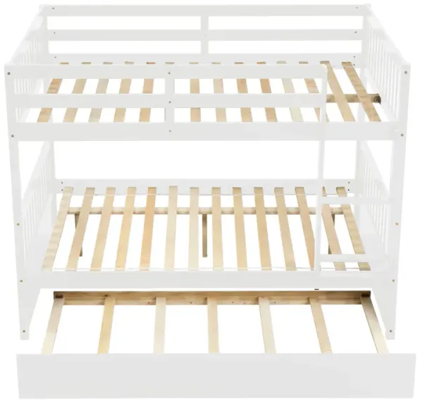 Full Over Full Bunk Bed with Trundle, Convertible to 2 Full Size Platform Bed, Full Size Bunk Bed with Ladder and Safety Rails for Kids, Teens, Adults,White