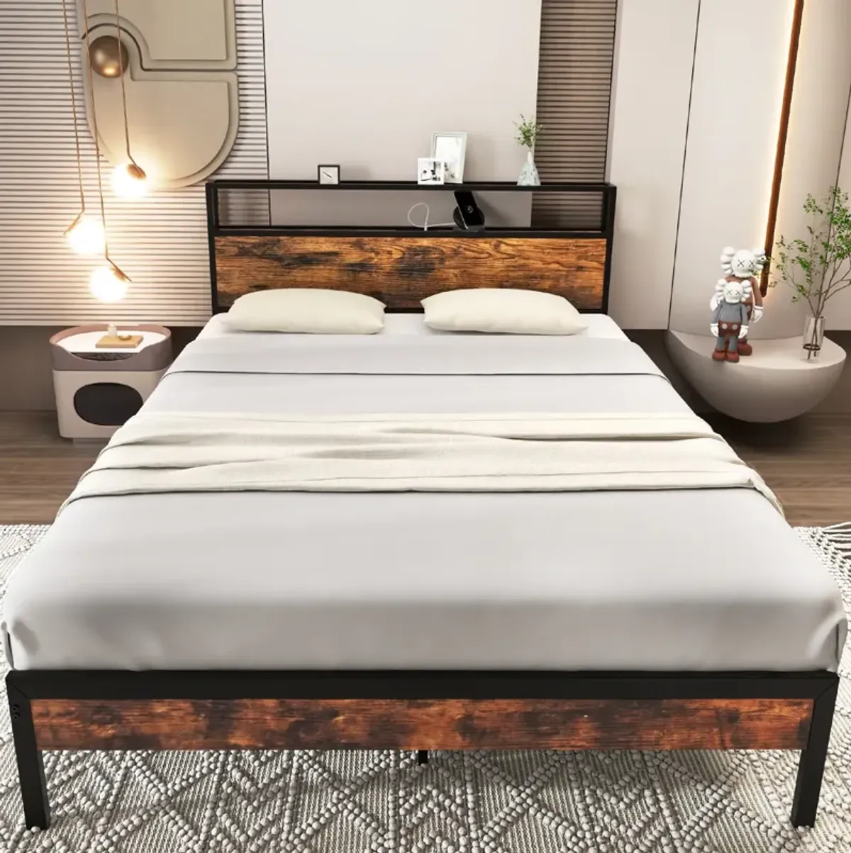 Bed Frame with Storage Headboard and Charging Station