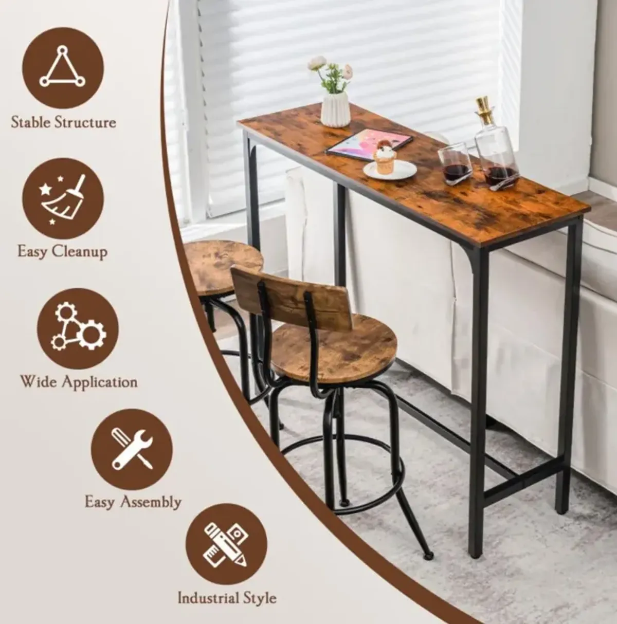 Hivvago 48 Inch Industrial Pub Dining Table with Steel Frame-Rustic Brown