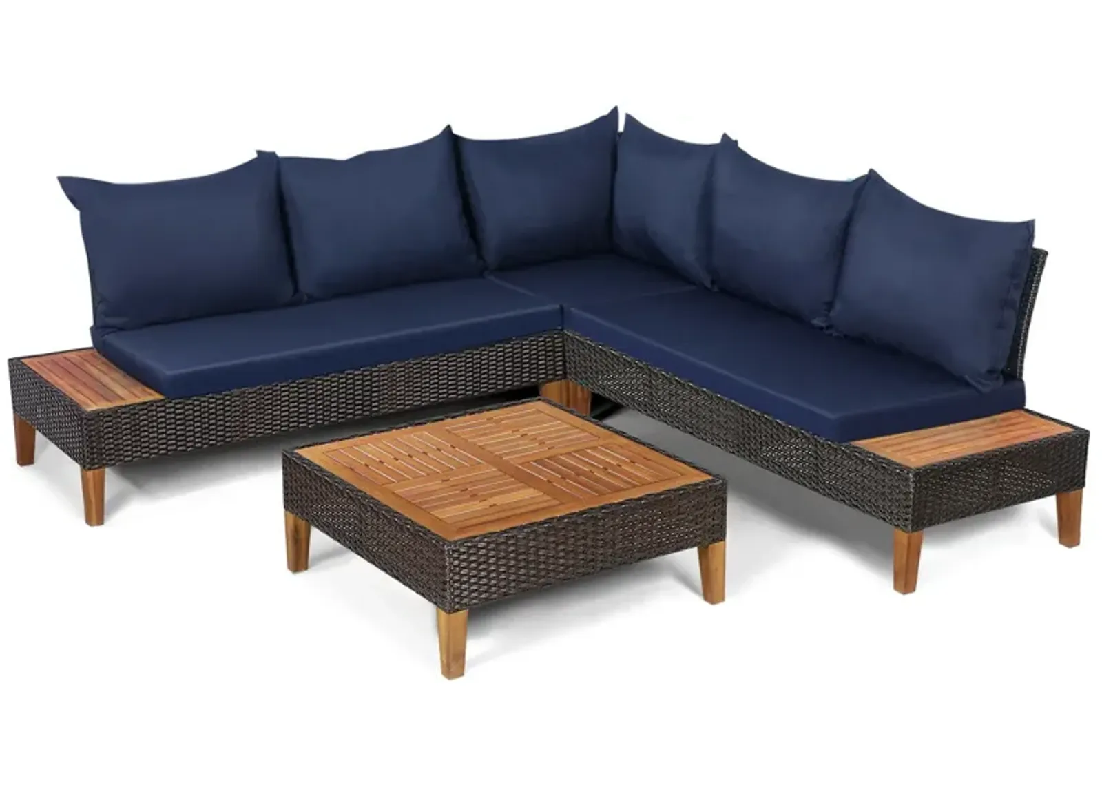 4 Pieces Patio Cushioned Rattan Furniture Set with Wooden Side Table