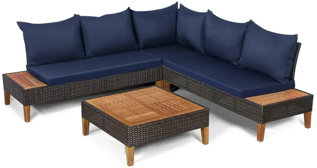 4 Pieces Patio Cushioned Rattan Furniture Set with Wooden Side Table