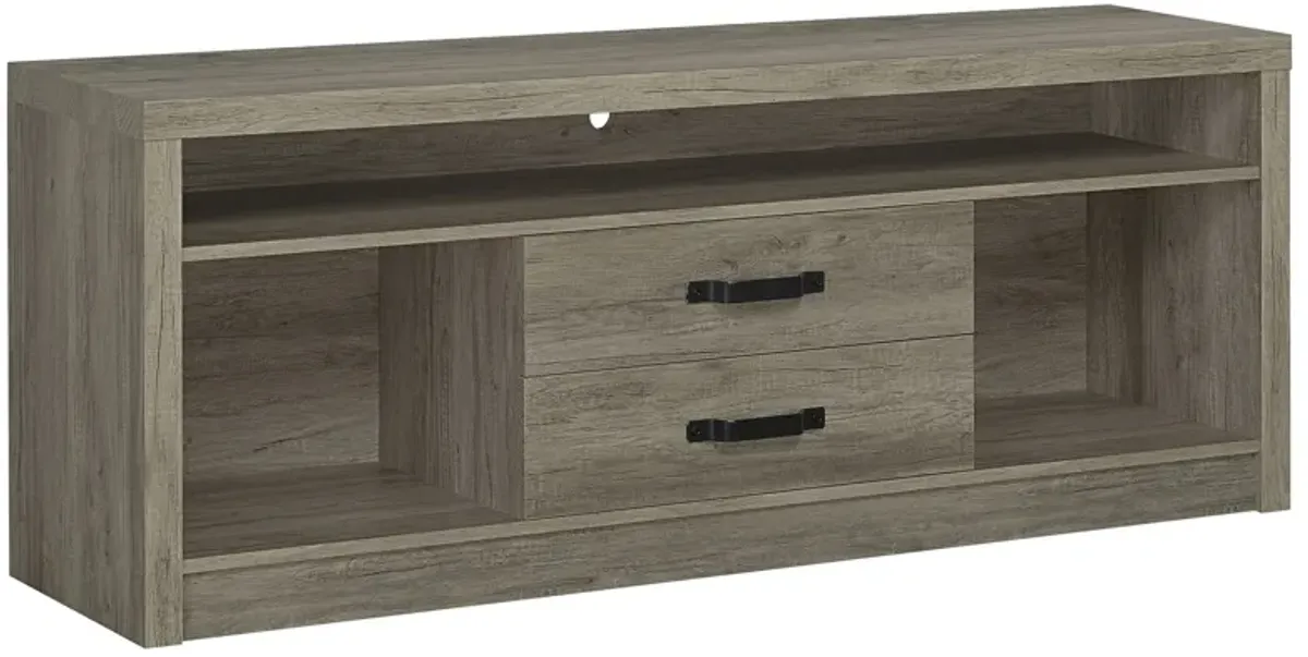 TV Entertainment Console with 2 Media Tower, 8 Compartments, Driftwood Gray - Benzara