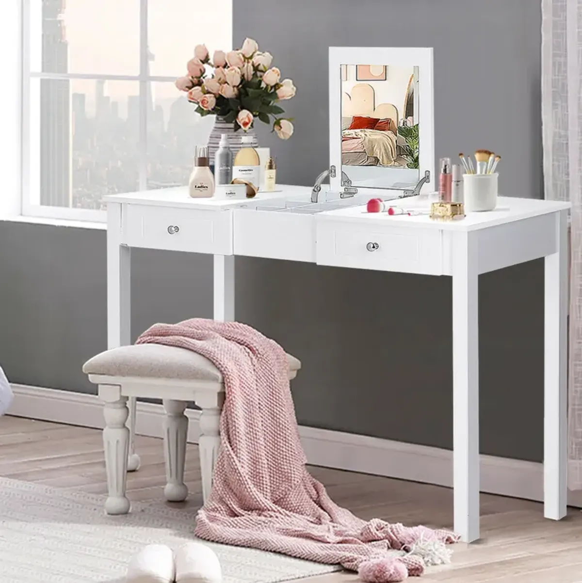 Modern Vanity Dressing Table with 1 Flip Top Mirror and 2 Drawers