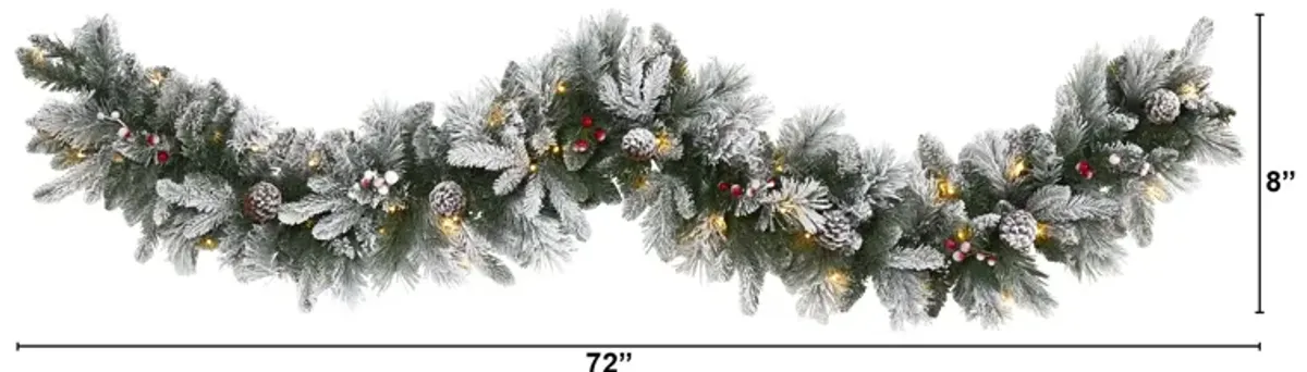 HomPlanti 6" Flocked Mixed Pine Artificial Christmas Garland with 50 LED Lights, Pine Cones and Berries