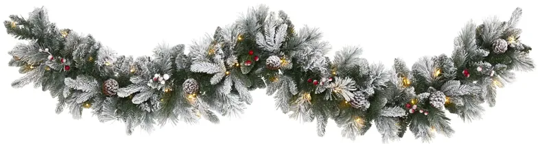 HomPlanti 6" Flocked Mixed Pine Artificial Christmas Garland with 50 LED Lights, Pine Cones and Berries