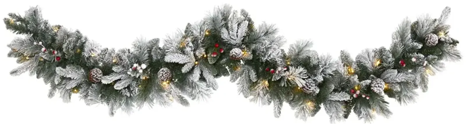 Hivvago 6" Flocked Mixed Pine Artificial Christmas Garland with 50 LED Lights, Pine Cones and Berries