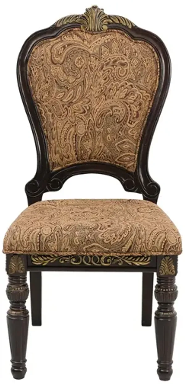 Wooden Tuscan Style Side Chair With Fabric Upholstery, Set of 2, Cherry Brown-Benzara