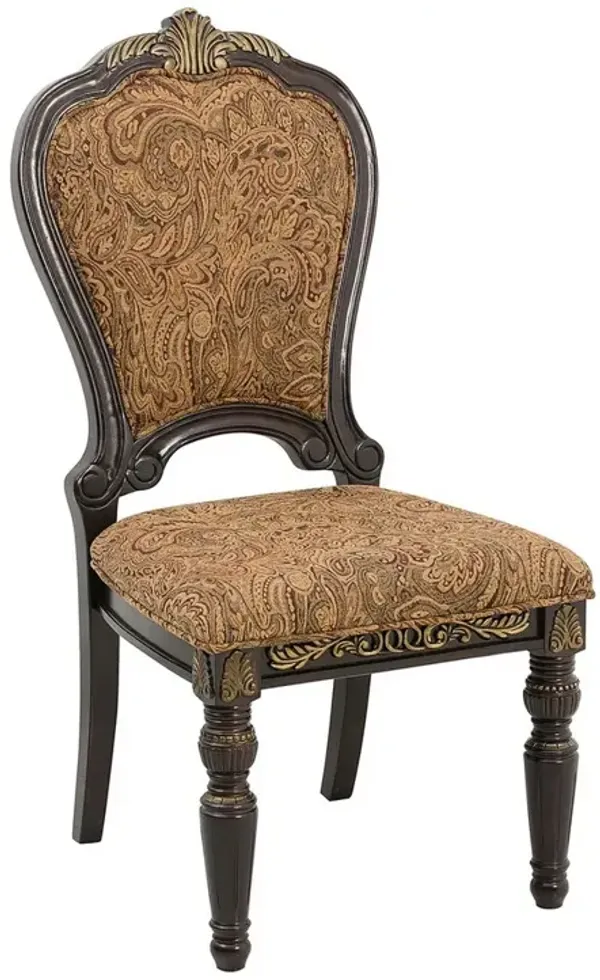 Wooden Tuscan Style Side Chair With Fabric Upholstery, Set of 2, Cherry Brown - Benzara
