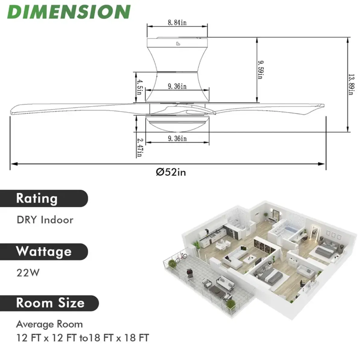 Flush Mount Ceiling Fan with LED Light