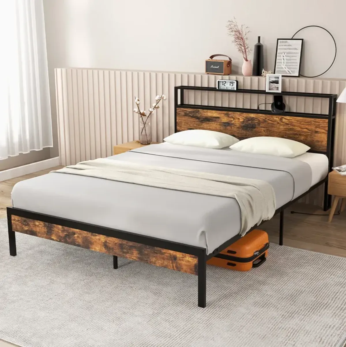 Bed Frame with Storage Headboard and Charging Station