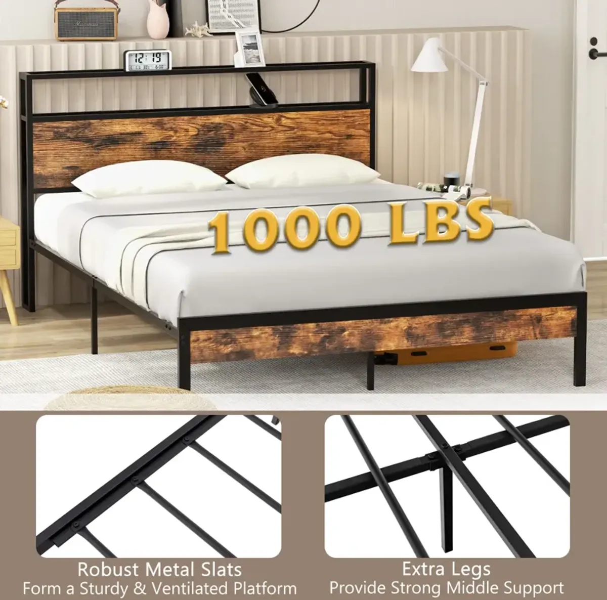 Bed Frame with Storage Headboard and Charging Station