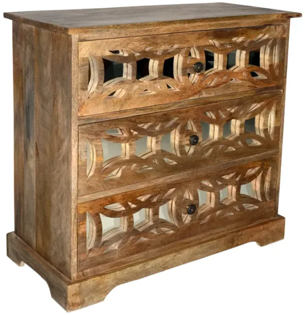 3 Drawer Mango Wood Console Storage Cabinet with Lattice Design Mirror Front, Brown - Benzara