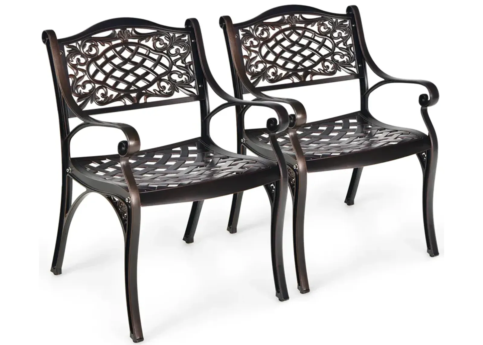 2-Piece Outdoor Cast Aluminum Chairs with Armrests and Curved Seats-Copper