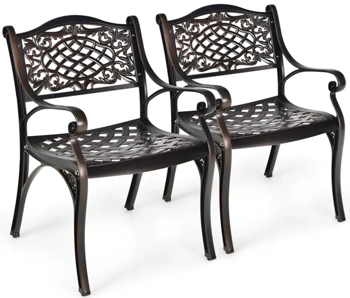 2-Piece Outdoor Cast Aluminum Chairs with Armrests and Curved Seats-Copper