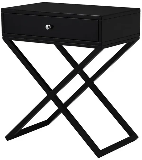 Zeno 27 Inch 1 Drawer Nightstand, Glass Top, Metal Cross Legs, Modern Black-Benzara