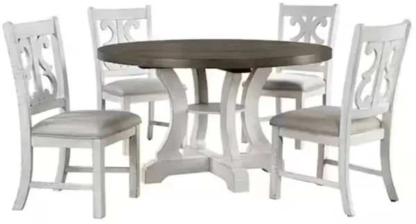 Eya 5pc Dining Table and Chair Set, Distressed White Wood, Gray Fabric - Benzara
