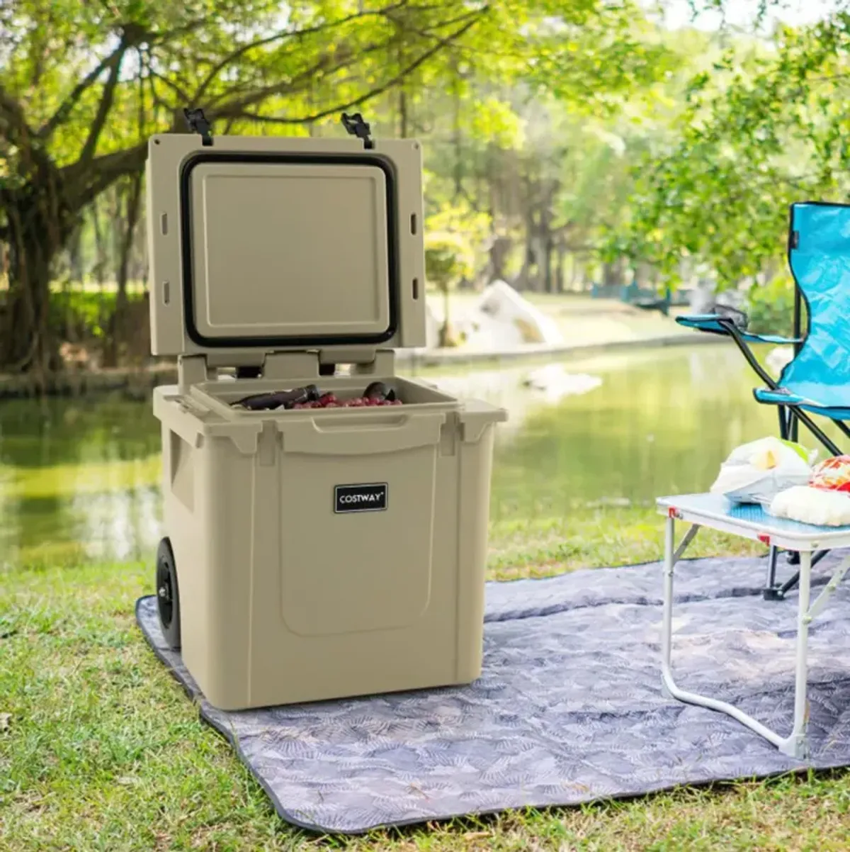 Costway 45 Quart Cooler Towable Ice Chest-Brown