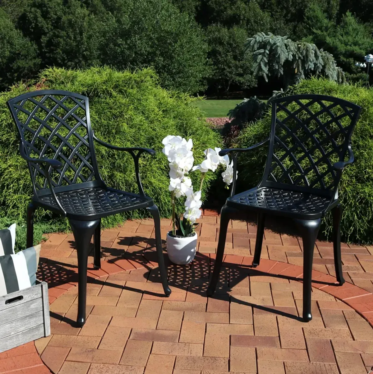 Sunnydaze Crossweave Design Cast Aluminum Patio Chair - Black - Set of 2