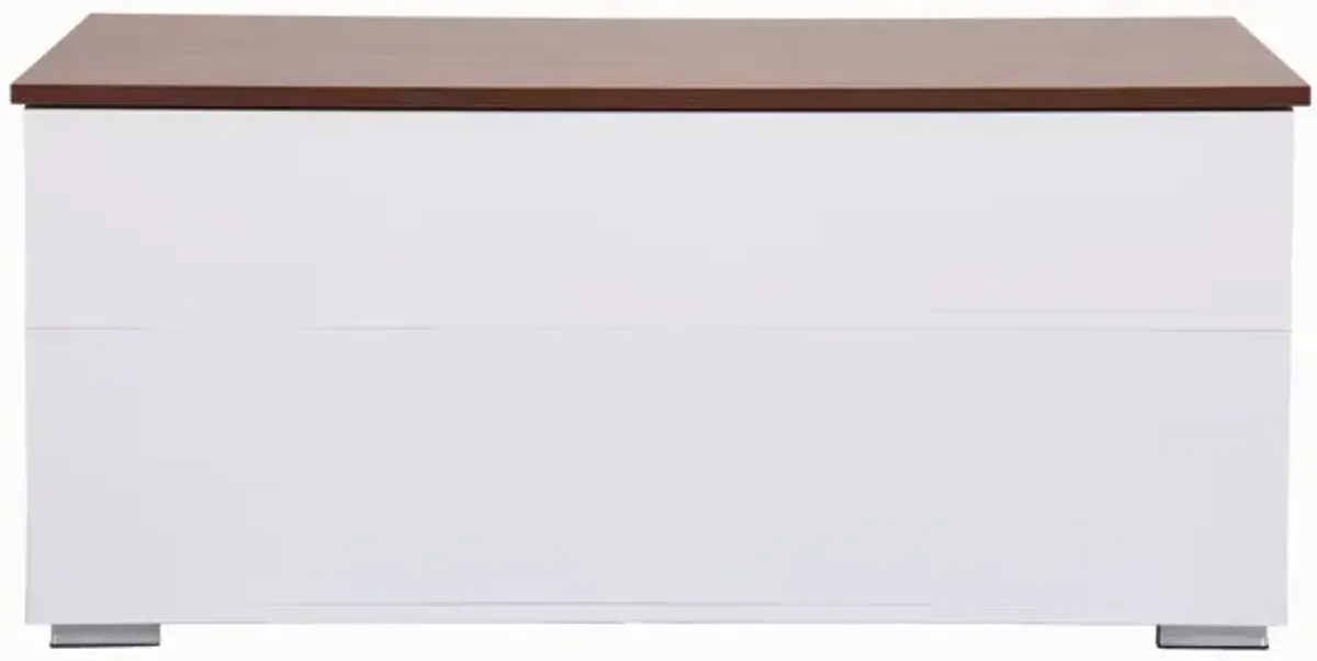 Luna White Coffee Table With Brown Walnut Finish Lift Top, 2 Drawers, And 2 Shelves