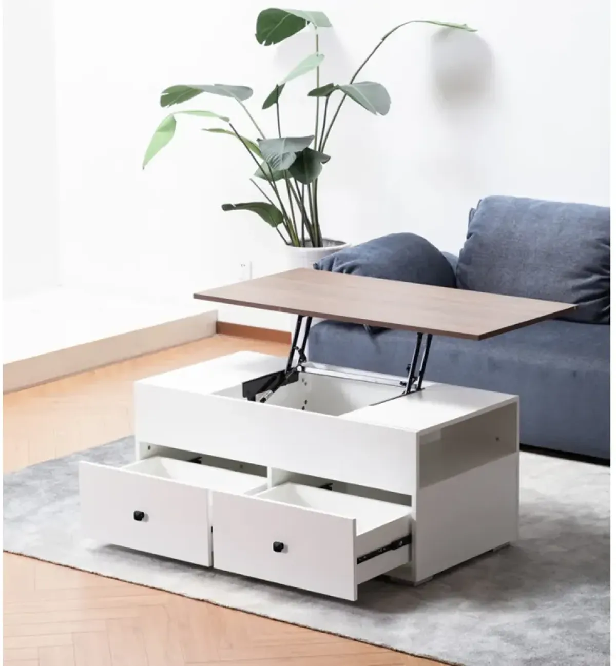 Luna White Coffee Table With Brown Walnut Finish Lift Top, 2 Drawers, And 2 Shelves