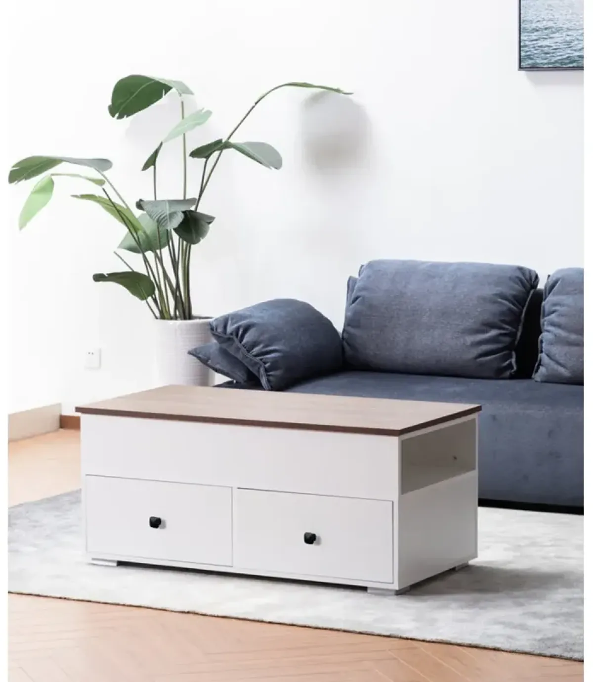 Luna White Coffee Table With Brown Walnut Finish Lift Top, 2 Drawers, And 2 Shelves