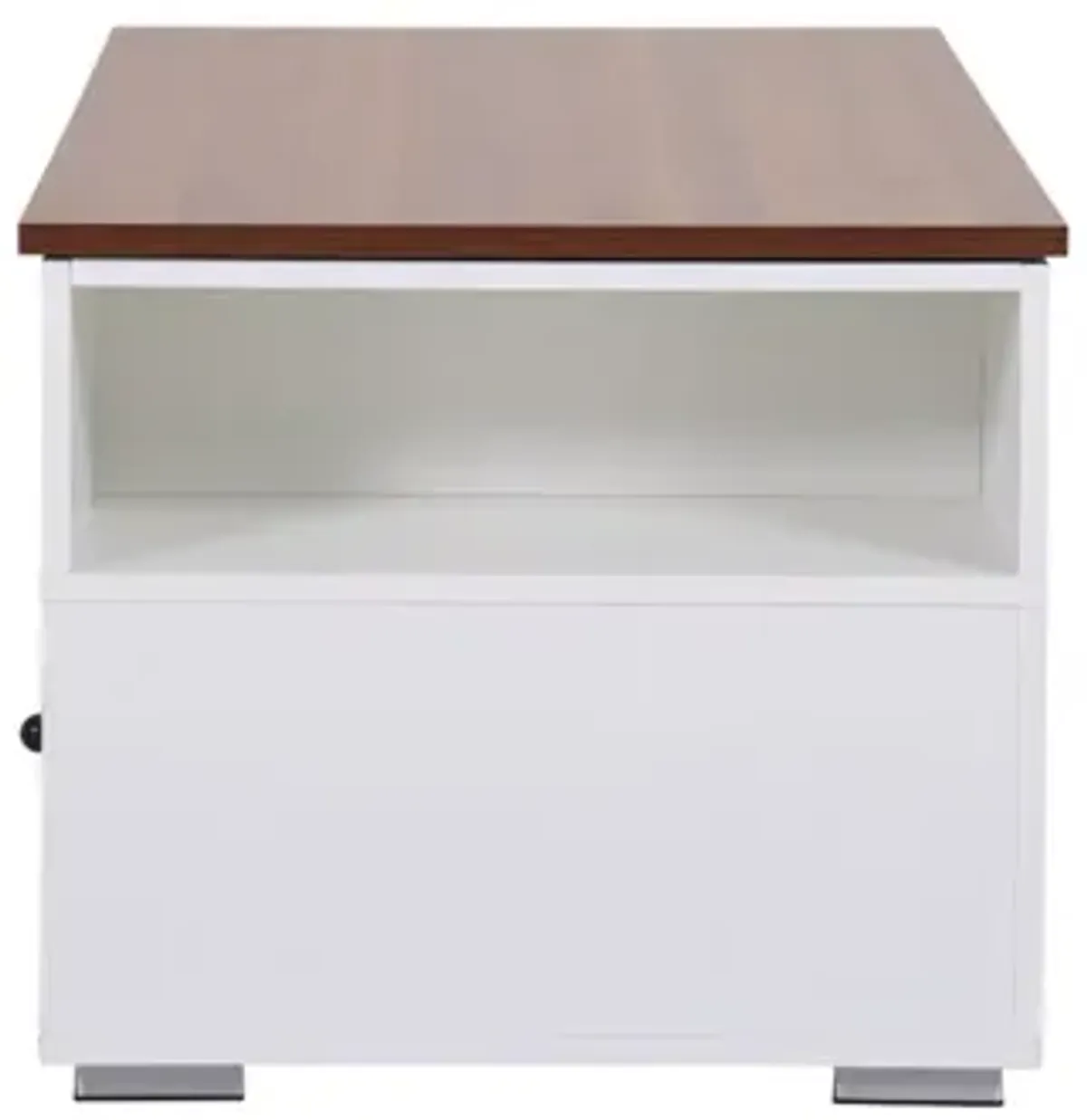 Luna White Coffee Table With Brown Walnut Finish Lift Top, 2 Drawers, And 2 Shelves