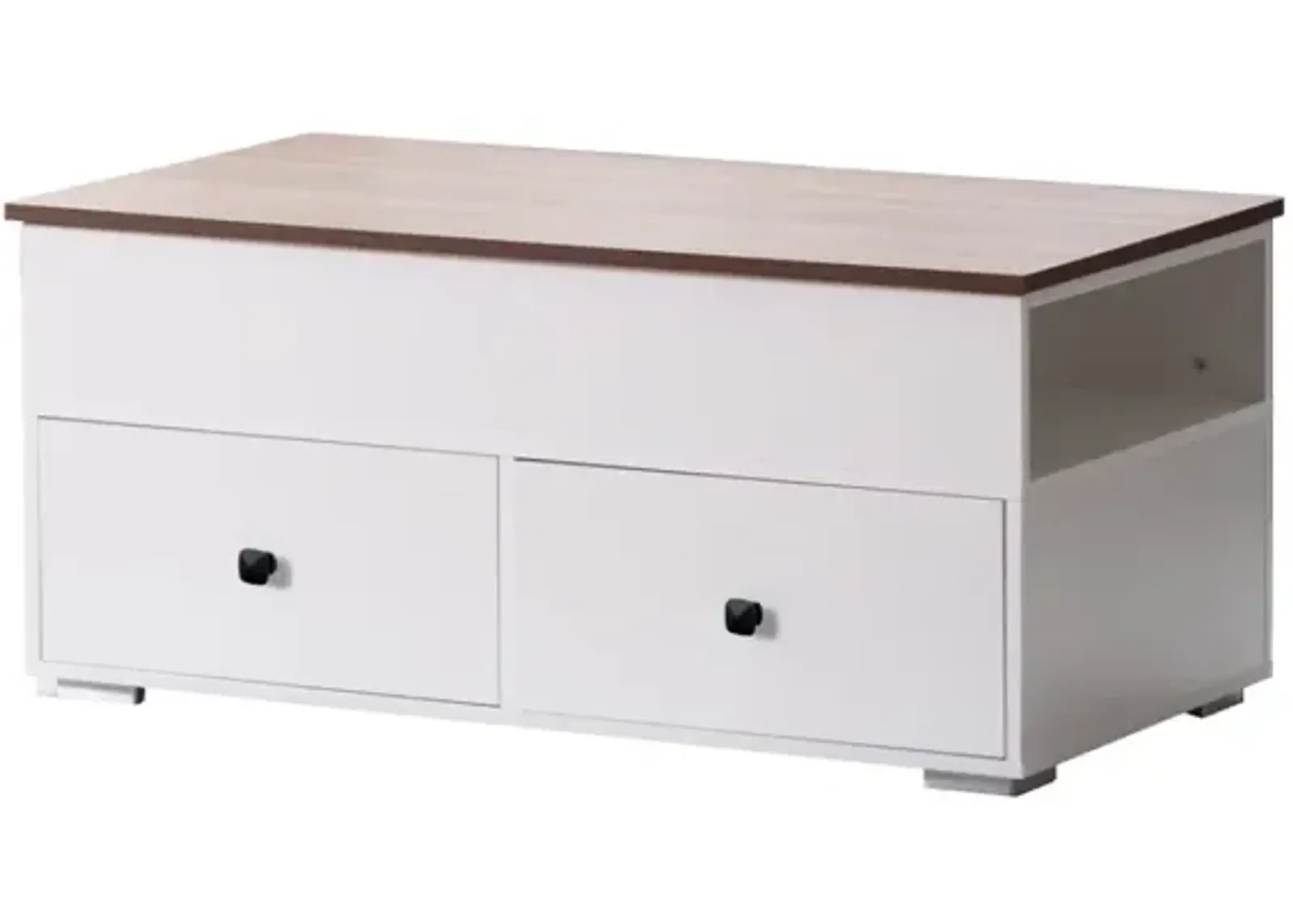 Luna White Coffee Table With Brown Walnut Finish Lift Top, 2 Drawers, And 2 Shelves