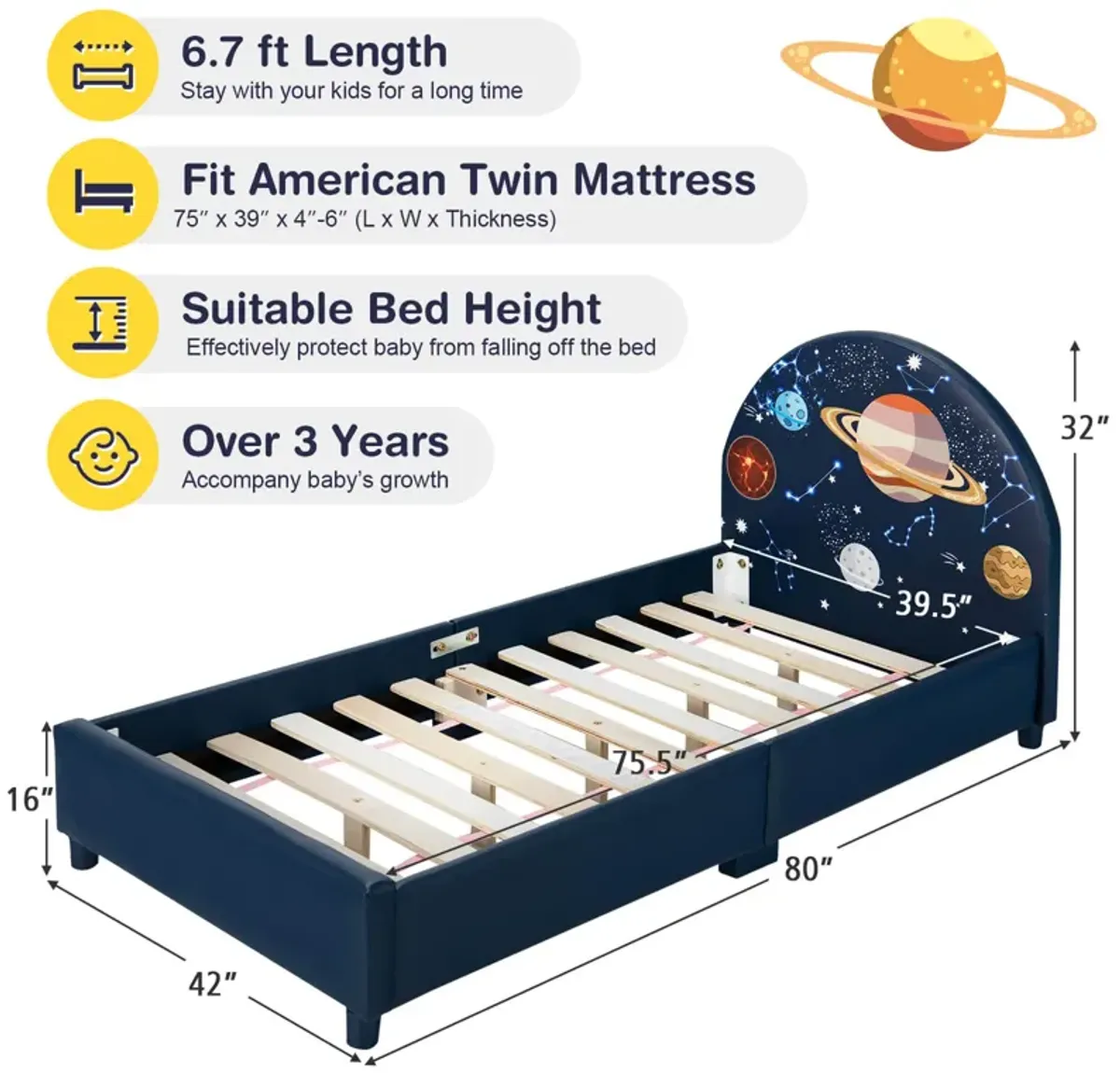 Children Twin Size Upholstered  Platform Single Bed