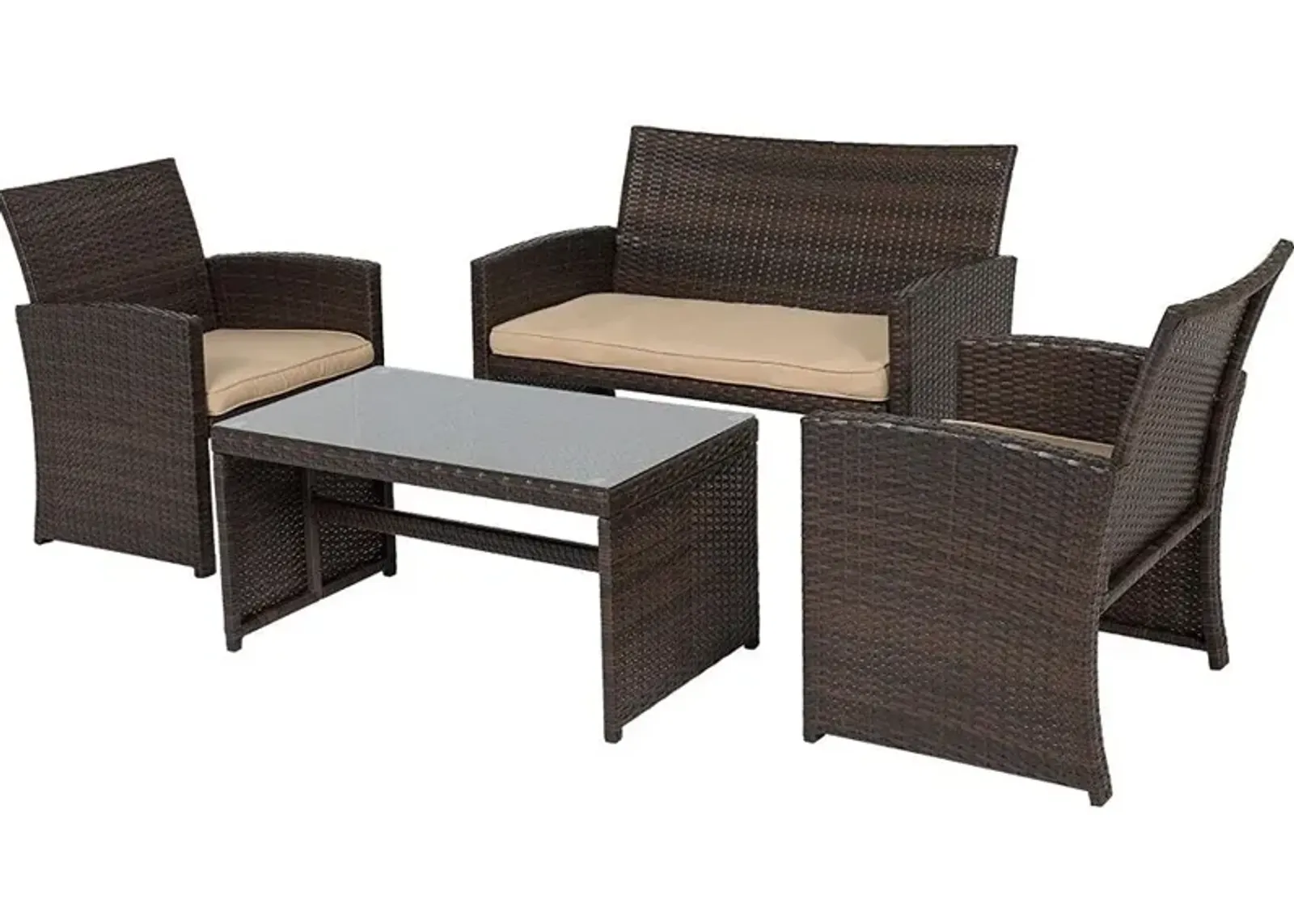 Brown Resin Wicker 4-Piece Modern Patio Furniture Set with Beige Cushions