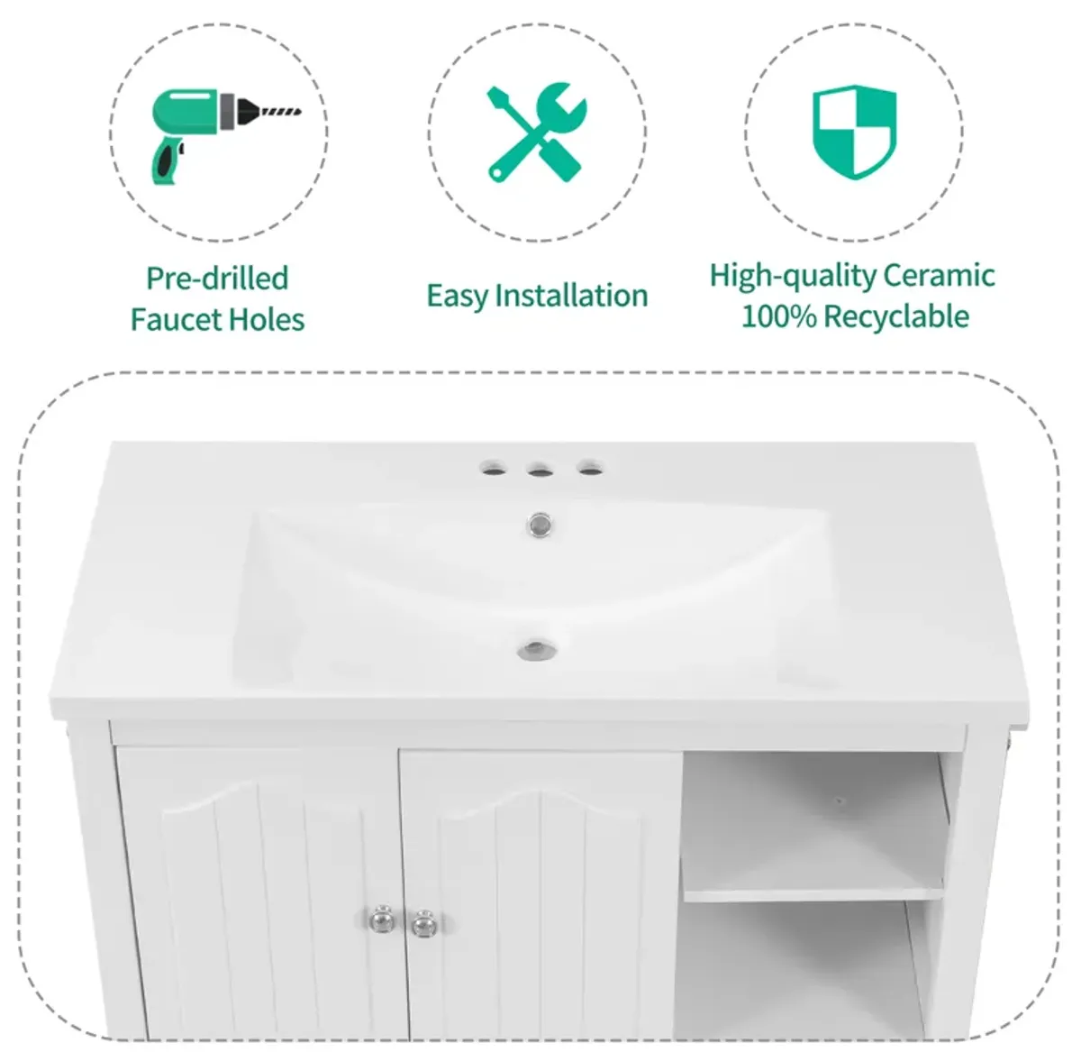 Gewnee 36" Bathroom Vanity  with Ceramic Basin, Bathroom Storage Cabinet, White