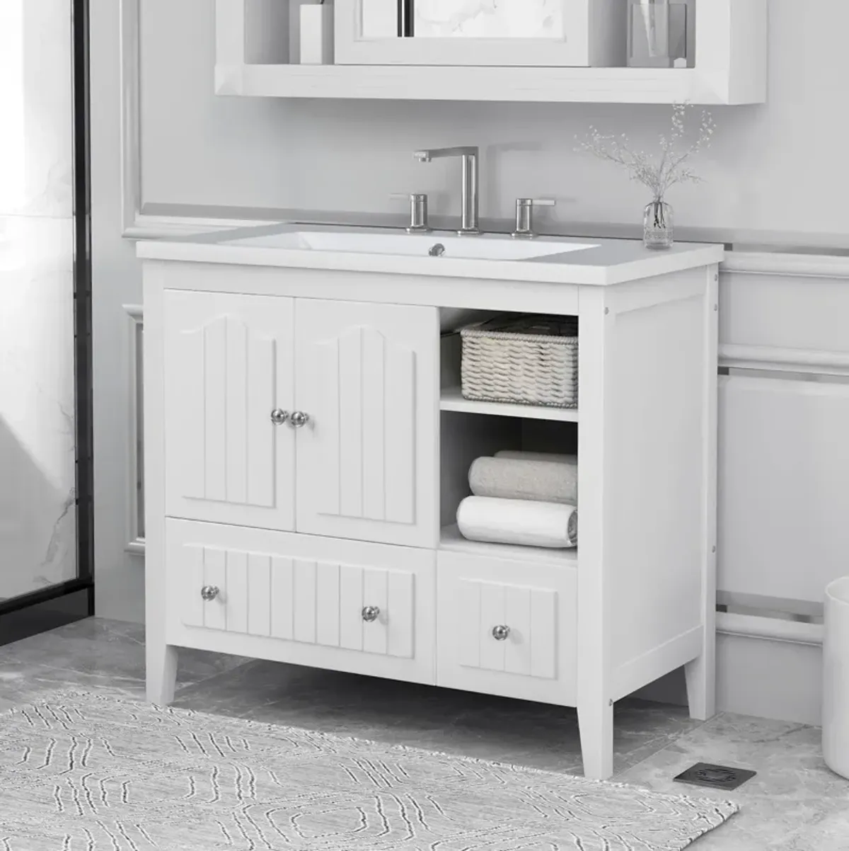 Gewnee 36" Bathroom Vanity  with Ceramic Basin, Bathroom Storage Cabinet, White