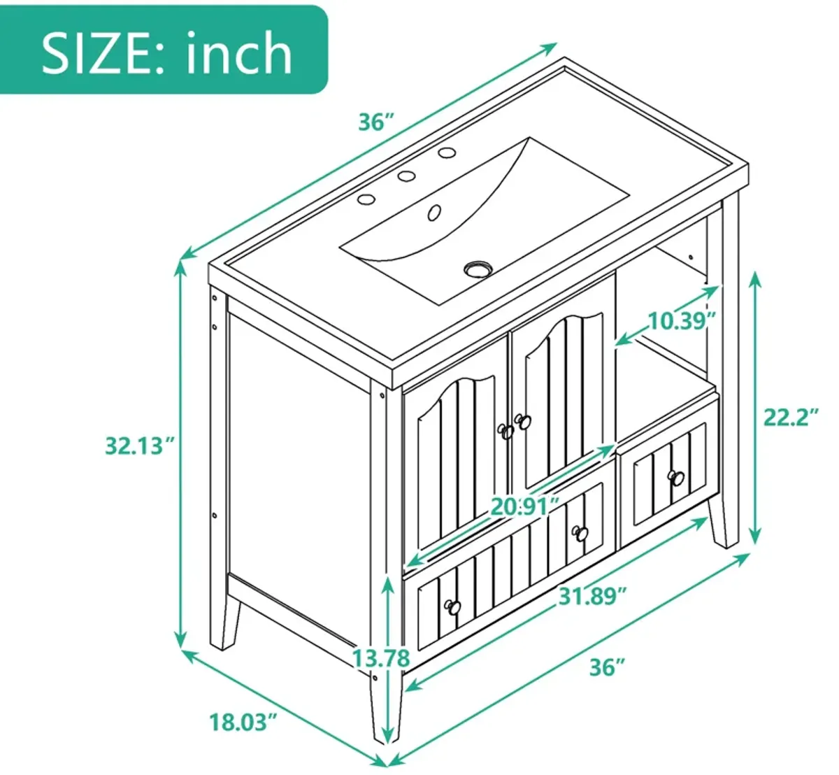 Gewnee 36" Bathroom Vanity  with Ceramic Basin, Bathroom Storage Cabinet, White