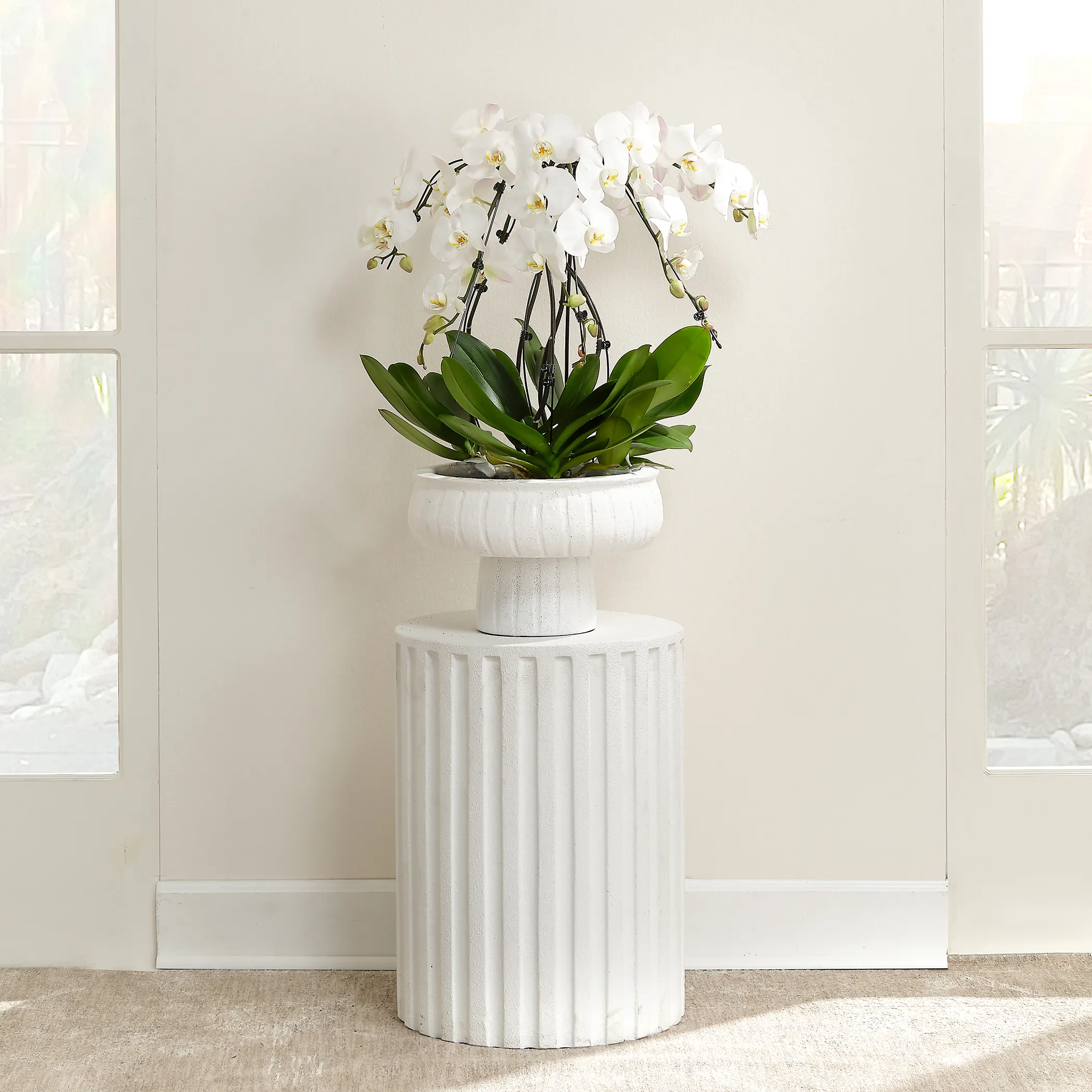 Flutted Cement Side Table, White