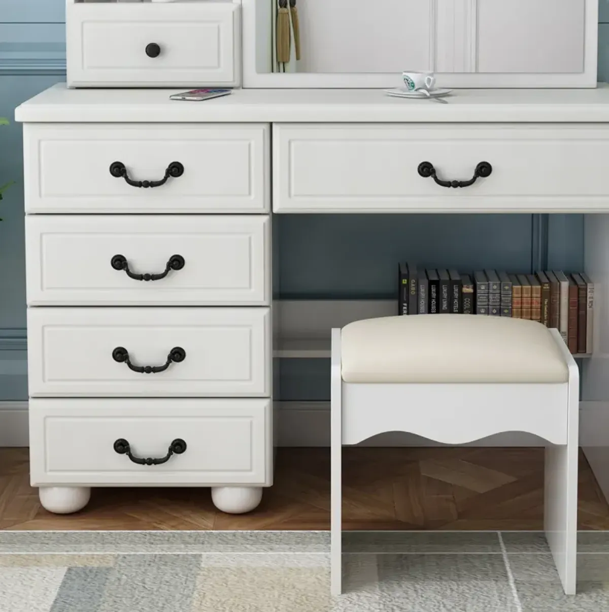 Vanity Desk with Mirror, Lights, and 6 Drawers