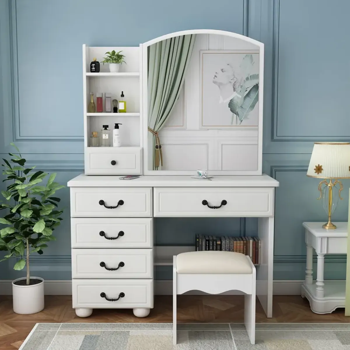 Vanity Desk with Mirror, Lights, and 6 Drawers