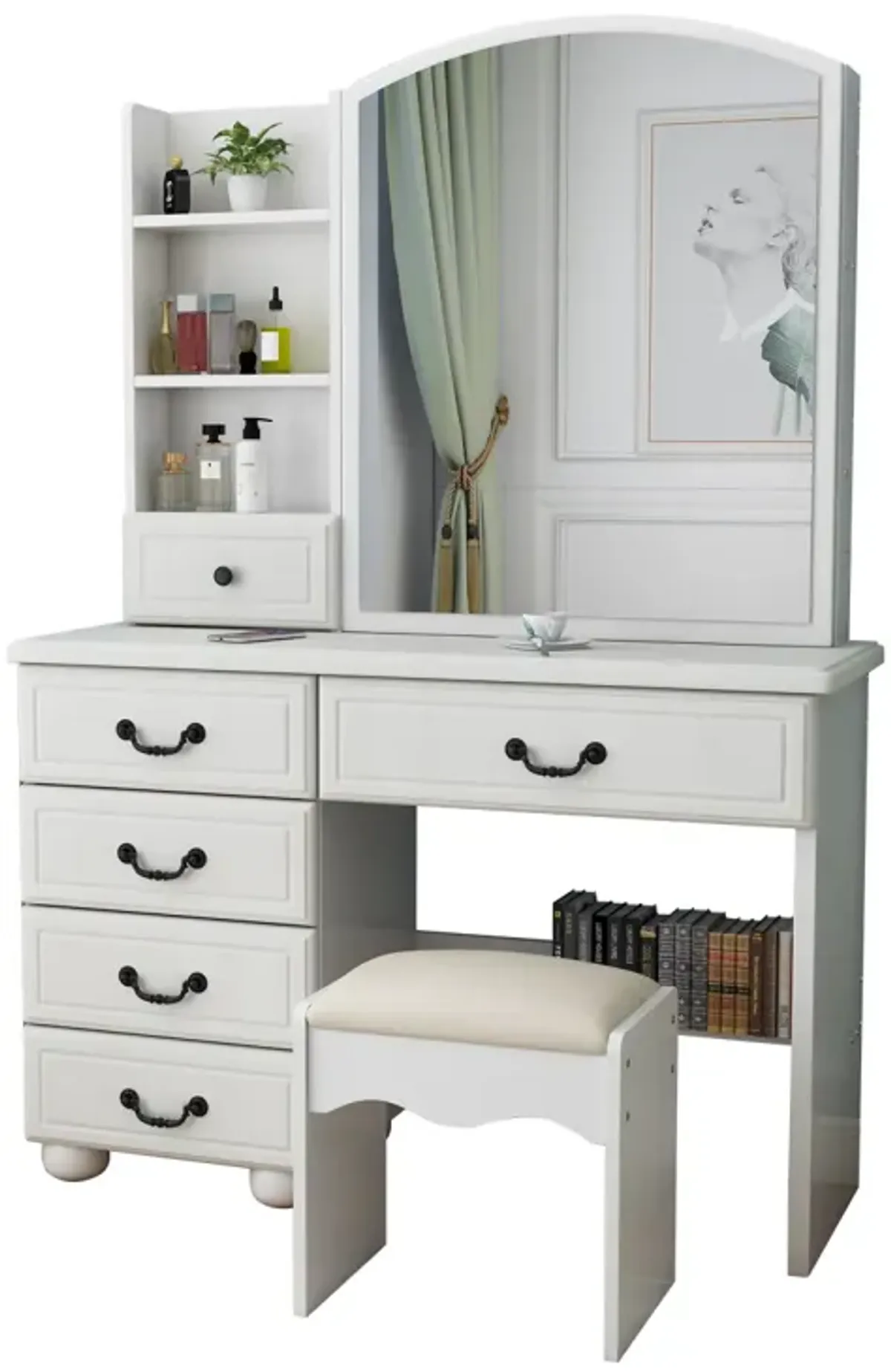 Vanity Desk with Mirror, Lights, and 6 Drawers