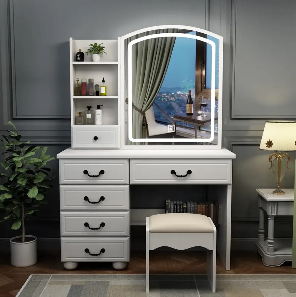 Vanity Desk with Mirror, Lights, and 6 Drawers