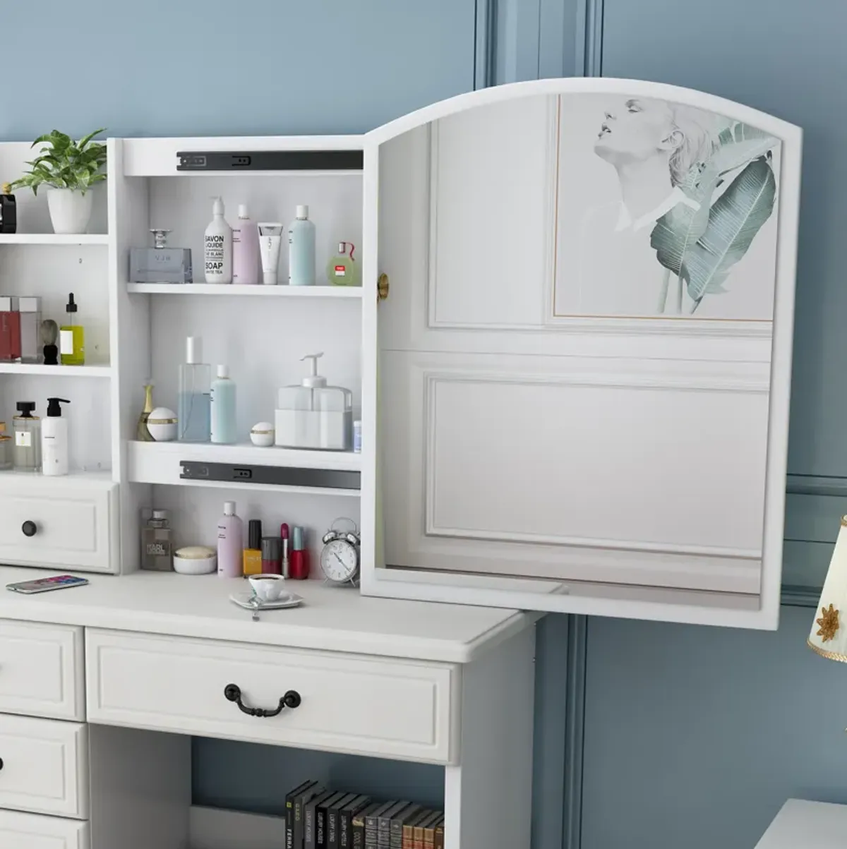 Vanity Desk with Mirror, Lights, and 6 Drawers