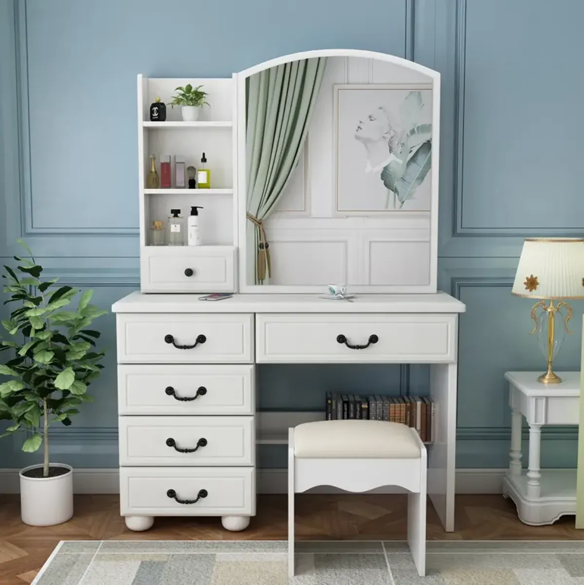 Vanity Desk with Mirror, Lights, and 6 Drawers