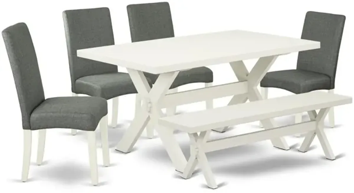 East West Furniture 6-Pc Kitchen Dinette Set-Gray Smoke Linen Fabric Seat and Stylish Chair Back Kitchen chairs, a Rectangular Bench and Rectangular Top Modern Dining Table with Wood Legs - Linen Whit