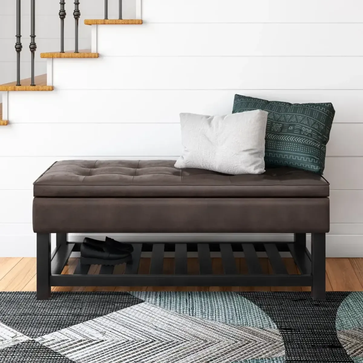 Cosmopolitan 44 inch WideTransitional Rectangle Storage Ottoman Bench with Open Bottom in Distressed Brown Faux Leather