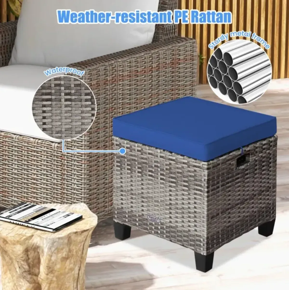 Hivvago 2PCS Patio Rattan Wicker Ottoman Seat with Removable Cushions-Turquoise