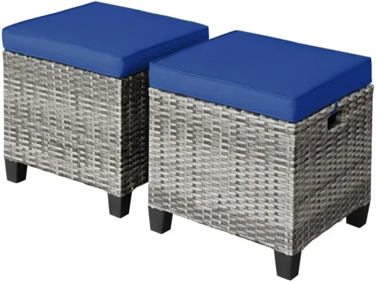 Hivvago 2PCS Patio Rattan Wicker Ottoman Seat with Removable Cushions-Turquoise