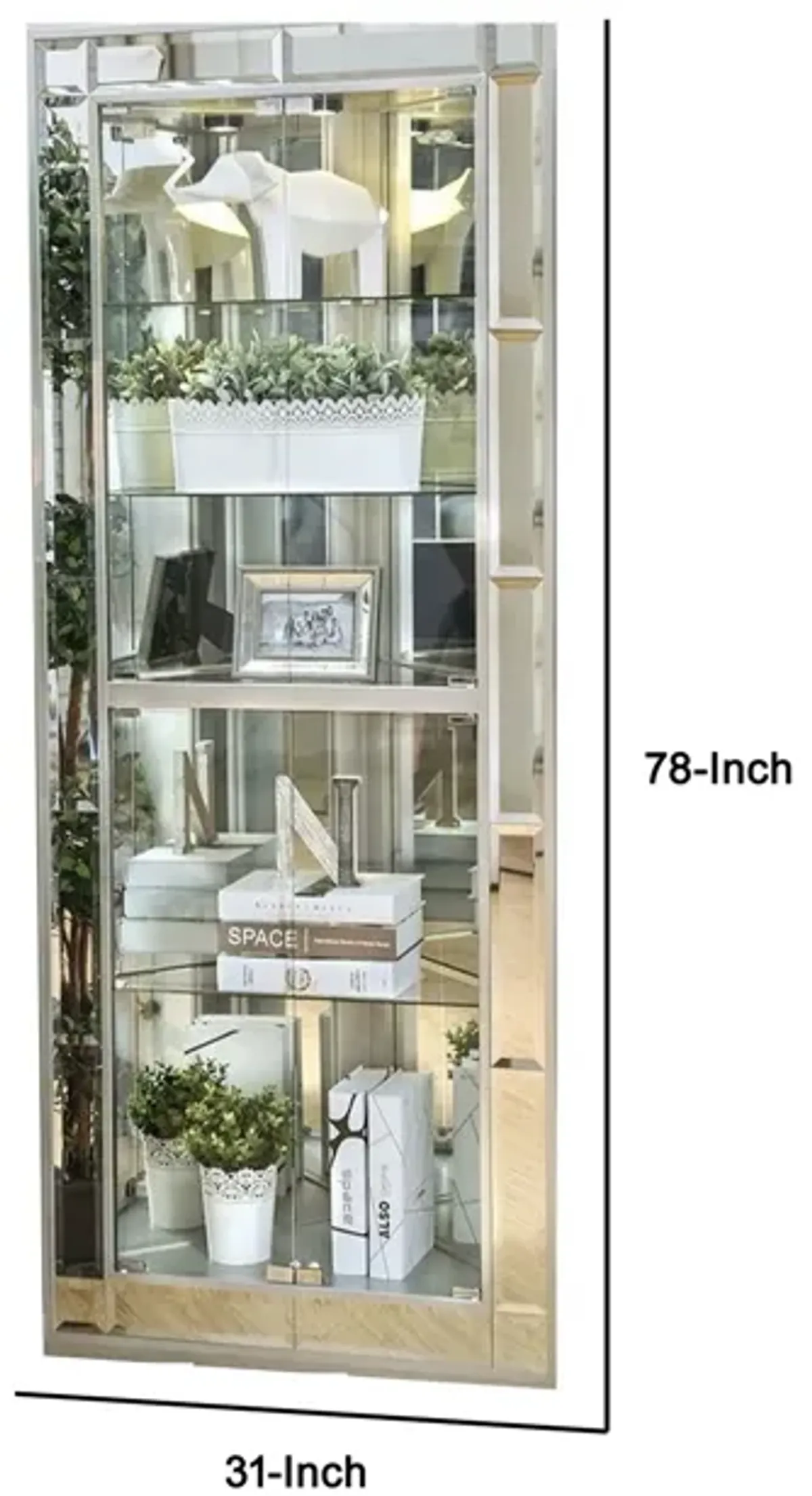Wood and Glass Corner Curio Cabinet with Five Shelves, Silver-Benzara