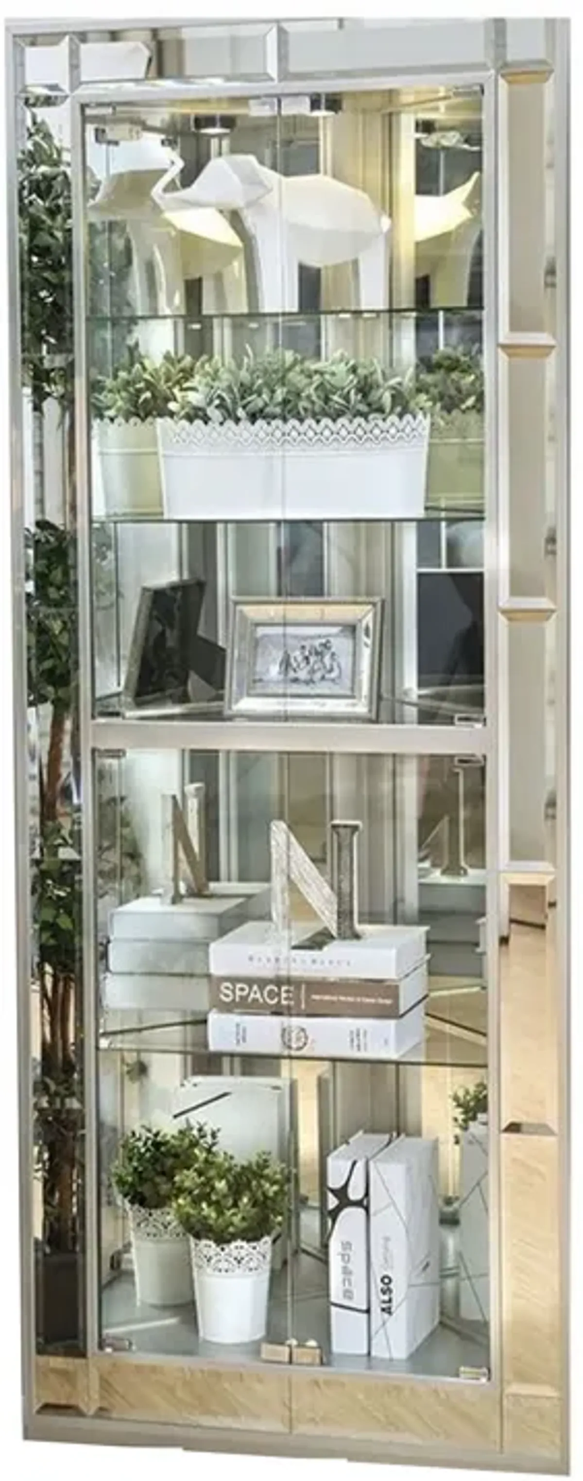 Wood and Glass Corner Curio Cabinet with Five Shelves, Silver-Benzara